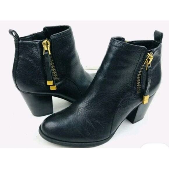 Franco Sarto Women Ankle Bootie Size 9 Diana Black Leather Gold Zip Tassel - Picture 1 of 7